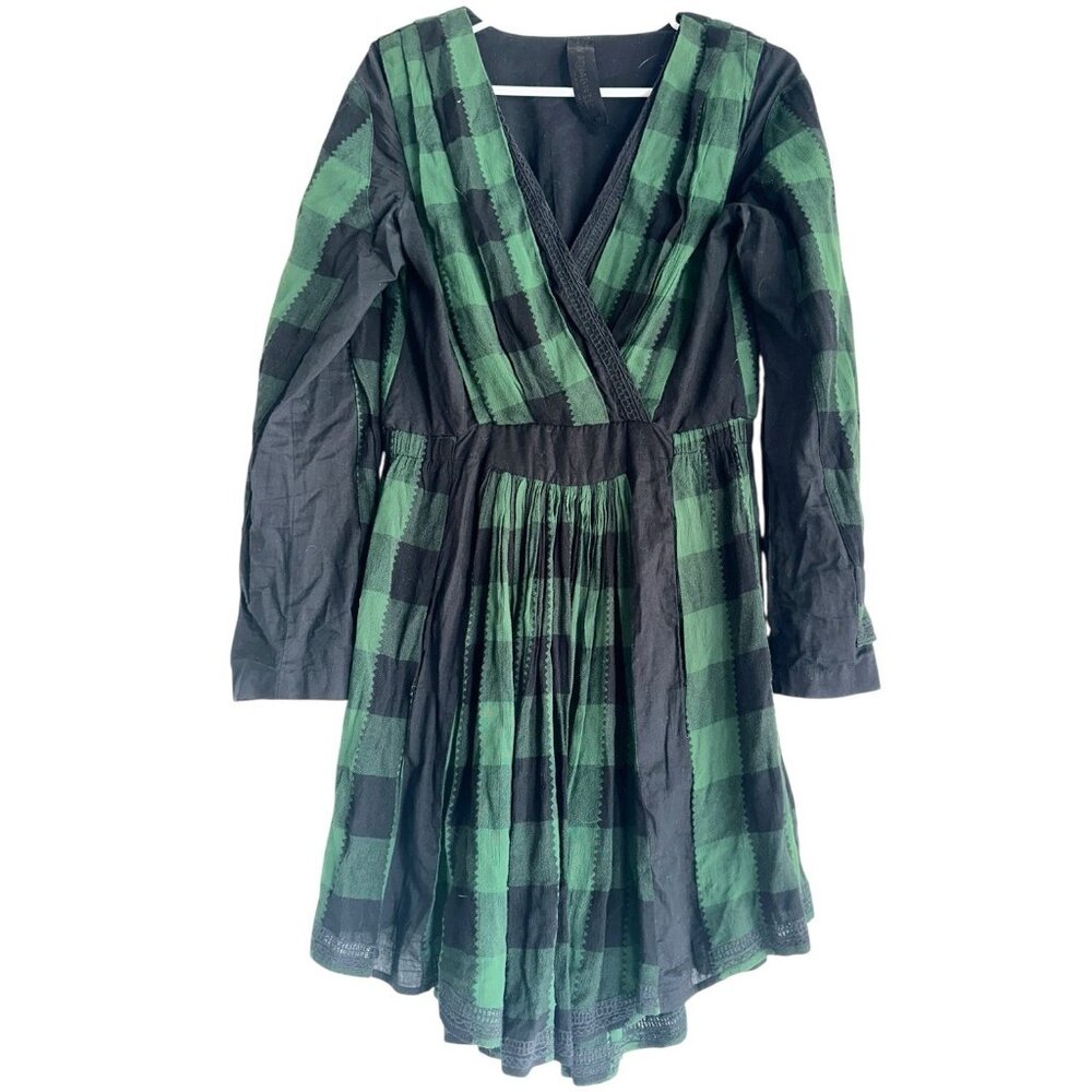 Free People New Romantics Long Sleeve Plaid Mini Dress Sz S Black Green Surplice
